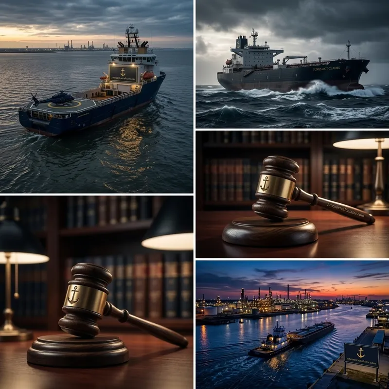 Maritime law collage — offshore vessel, stormy seas, gavel with law books, and Gulf Coast port at sunset — Jones Act settlement statistics