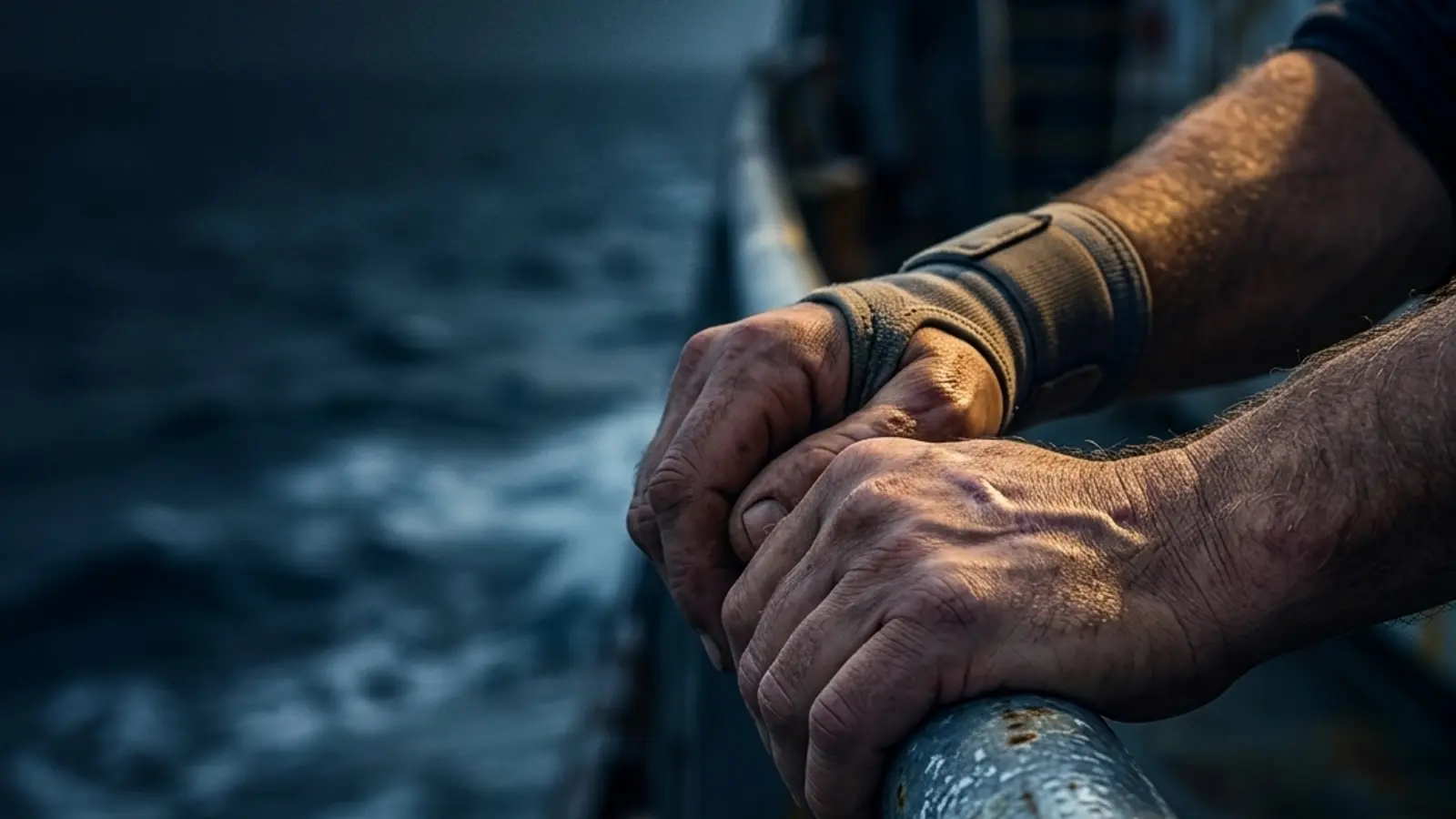 Injured maritime worker gripping ship railing in stormy Gulf of Mexico seas — Jones Act settlement calculator